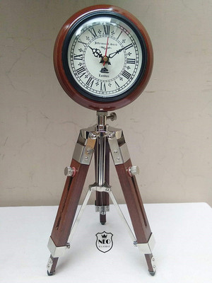 Neo Classic Analog Wooden Tripod Stand Clock Adjustable, Silver Fitting Tripod Clock