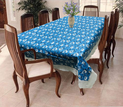 homerz Cotton 6 Seater Floral Table Cover(Blue Emboss)