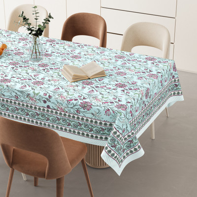 HappyKraft Cotton 6 Seater Floral Table Cover(Light Sky Blue)