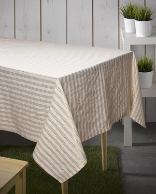 AIRWILL Cotton 6 Seater Striped Table Cover(Gold, Beige)