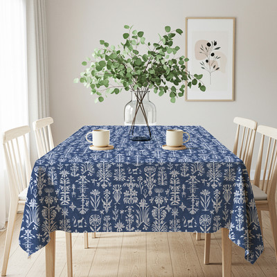 Urban Space Cotton 4 Seater Floral Table Cover(Blue, White)