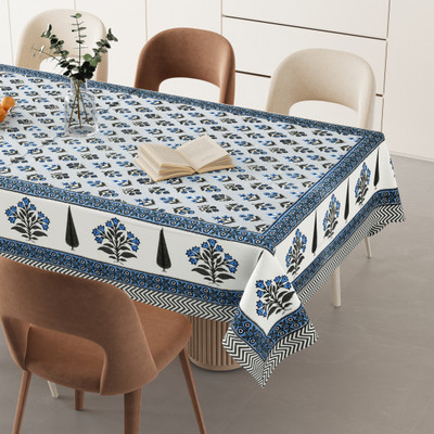 HappyKraft Floral 6 Seater Table Cover(Light Blue::White, Cotton)