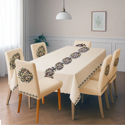 Stylista Velvet 6 Seater Floral Table Cover(Beige, Pack of 7)