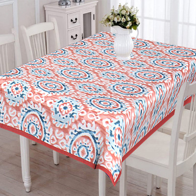 Go Texstylers Cotton 6 Seater Printed Table Cover(Red, Blue)