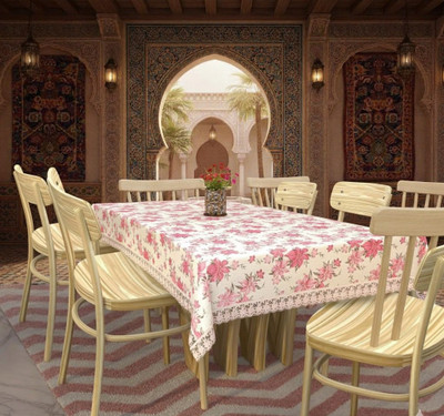 Univara Vinyl, PVC 6 Seater Floral Table Cover(Pink With Lace)