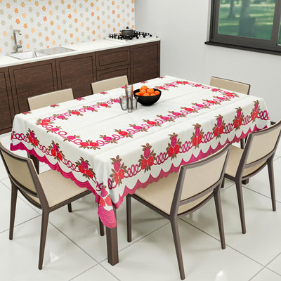 MANGERAM Cotton 6 Seater Floral Table Cover(Net Dining Table Cloth | Cream & Pink)