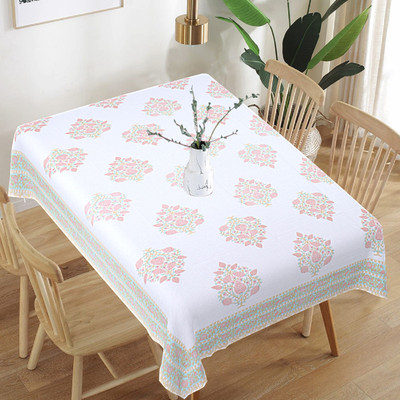 Go Texstylers Cotton 6 Seater Floral Table Cover(Pink, White)