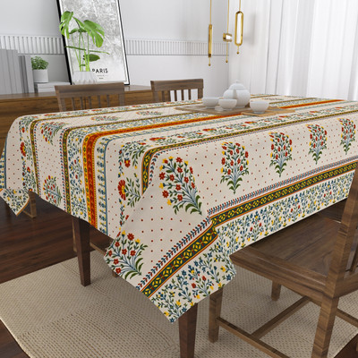 HappyKraft Cotton 4 Seater Printed Table Cover(Beige, Yellow, White)