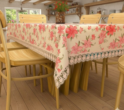 Univara Vinyl, PVC 6 Seater Floral Table Cover(Pink with White Lace)