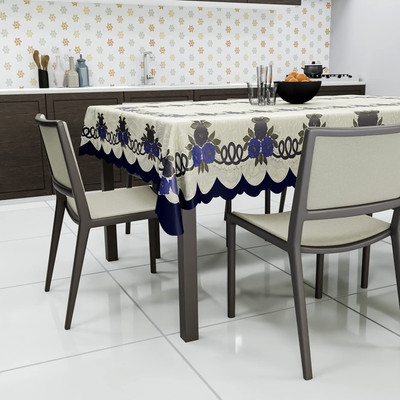 MANGERAM Cotton 6 Seater Floral Table Cover(Net Dining Table Cloth | Cream & Blue)