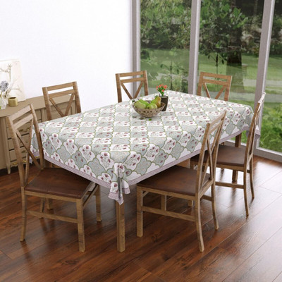 Texstylers Cotton 6 Seater Printed Table Cover(White)
