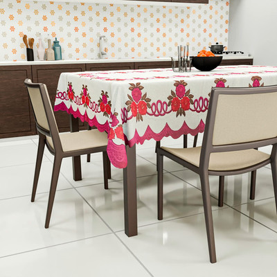 MANGERAM Cotton 6 Seater Floral Table Cover(Net Dining Table Cloth | Cream & Pink)
