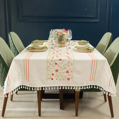 Urban Space Cotton 6 Seater Embroidered Table Cover(Beige, Red)