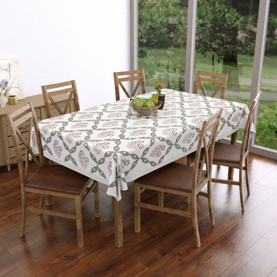 Texstylers Cotton 6 Seater Damask Table Cover(White)