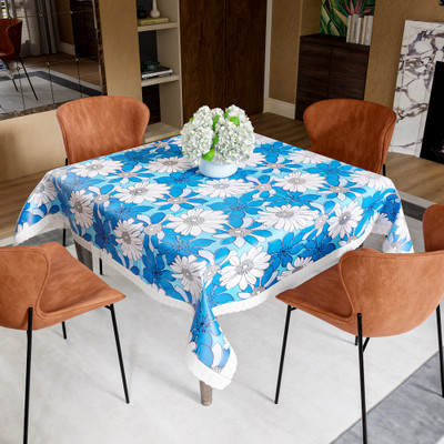 HOMESTIC PVC 4 Seater Self Design Table Cover(Blue, White)