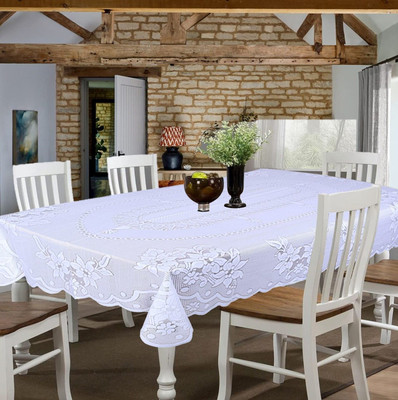 EASTTARDOMM Cotton 6 Seater Floral Table Cover(White)