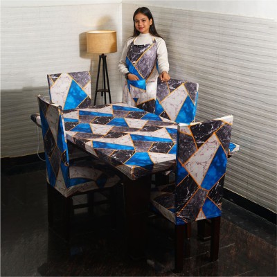 Eleganta Self Design 4 Seater Table Cover(White & Teal Marble, Polyester, Spandex)