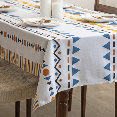 HOMEMONDE Cotton 6 Seater Geometric Table Cover(Blue Santo)