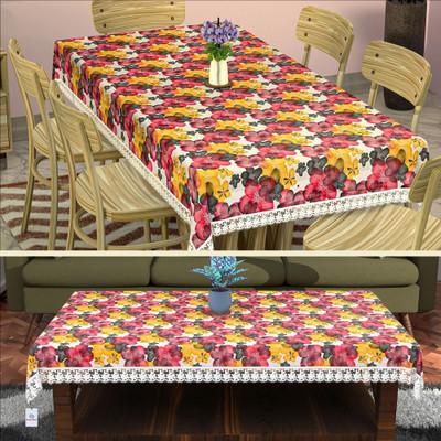 Heart Home Floral 6 Seater Table Cover(White, Red, PVC, Pack of 2)