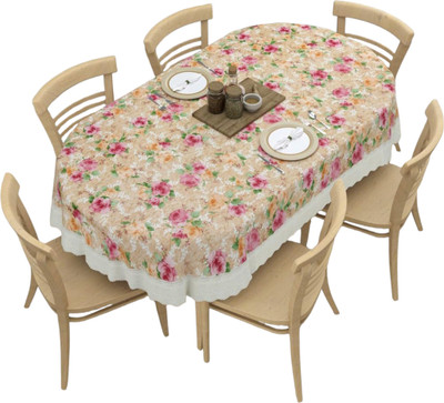 Dynamicdecor PVC 6 Seater Printed Table Cover(Pink Flower on Beige, Beige)