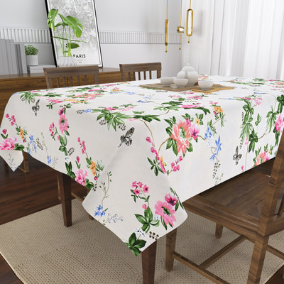 HappyKraft Cotton 4 Seater Printed Table Cover(White, Pink, Dark Blue)