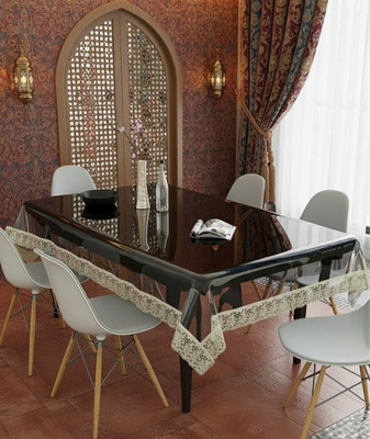 Univara Vinyl, PVC 6 Seater Self Design Table Cover(Transparent With Gold Lace)
