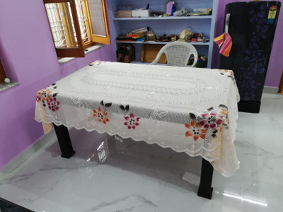 MANGERAM Cotton 6 Seater Floral Table Cover(White)