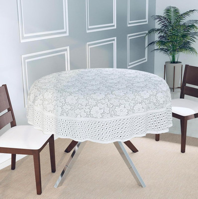 MANGERAM Cotton 2 Seater Floral Table Cover(40 inches | Round Shape | White)