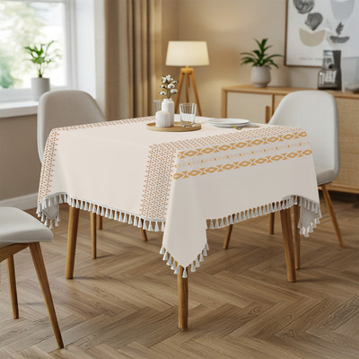 Urban Space Cotton 4 Seater Printed Table Cover(Globle Border Taupe)