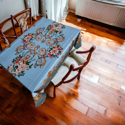 kashtu Printed 6 Seater Table Cover(Blue, Polyester)