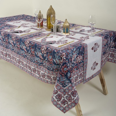 Dmaasa Printed, Floral 6 Seater Table Cover(Blue, Hand Block Print, Seating Capacity 6 Seater, Floral Print, Dining Table Cover, Cotton)