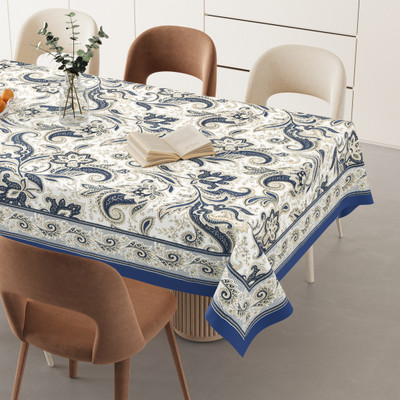 HappyKraft Floral 6 Seater Table Cover(White::Blue, Cotton)