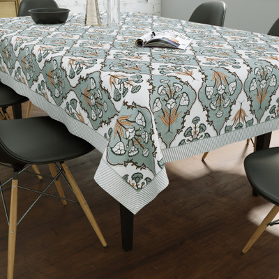 Blocks Of India Cotton 6 Seater Floral Table Cover(Grey)