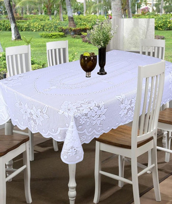 MANGERAM Cotton 6 Seater Floral Table Cover(White)