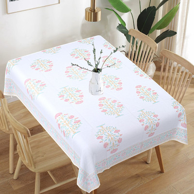 Go Texstylers Cotton 6 Seater Floral Table Cover(Pink, White)