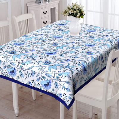 Go Texstylers Cotton 6 Seater Floral Table Cover(Blue, White)