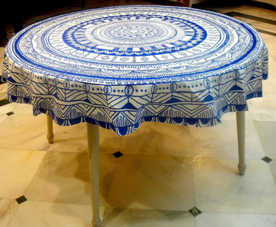 RajoDyana Self Design 4 Seater Table Cover(Blue, White, Cotton)