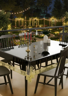 Univara PVC 6 Seater Self Design Table Cover(Transparent with Gold Lace)