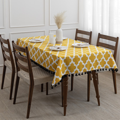 HOMEMONDE Cotton 4 Seater Geometric Table Cover(Yellow, White)