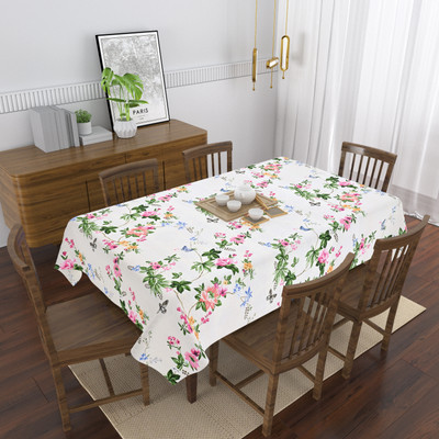 HappyKraft Cotton 6 Seater Printed Table Cover(White, Pink)