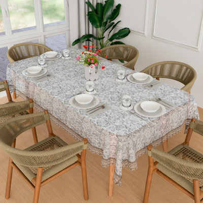 KUBER INDUSTRIES Floral 6 Seater Table Cover(White, PVC)