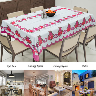 MANGERAM Cotton 6 Seater Floral Table Cover(Net Dining Table Cloth | White & Pink)