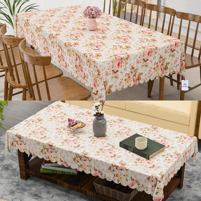 Heart Home Self Design 6 Seater Table Cover(Yellow, Pink, Cotton, Pack of 2)