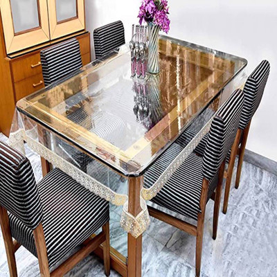 kinderjoy Solid 4 Seater Table Cover(Transparent 4 Seater Dining Table Cover with Golden Lace / 54 x 78 in, PVC)
