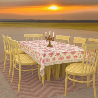 Univara Vinyl, PVC 6 Seater Floral Table Cover(Pink With White Lace)