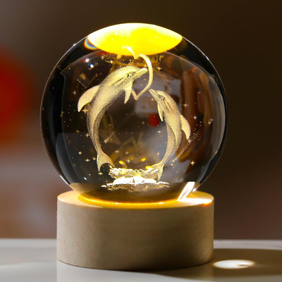 PAYSTORE 3D dolphine heart Crystal Ball Night Light, Night Lamp(15 cm, Yellow)