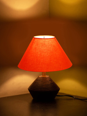 Devansh Orange Cotton Table Lamp With Wood Natural Base -(10X12 Inches) Table Lamp(30.48 cm, Orange, Brown)