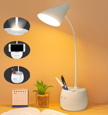 FIRSTLIKE 360 Degree Flexible Desk Lamp with Night Lamp, Advanced Pen and Mobile Holder Design Modern Touch Switch Rechargeable Table Lamp Eye Care Reading Study Bed Side, Office Use, Home Decor All in One Table Lamp Study Lamp(60 cm, White)