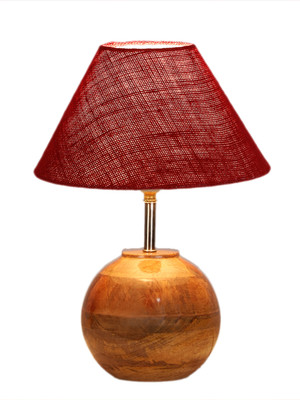 Devansh Maroon Jute with Natural Wood Table Lamp Table Lamp(31.8 cm, Maroon)