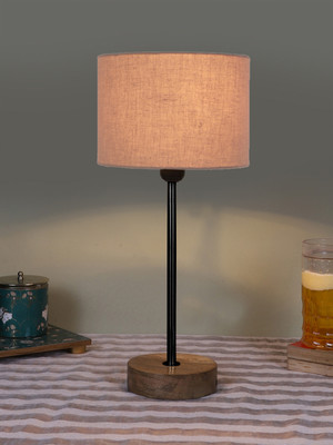 Devansh Drum Grey Cotton Shade With Black Iron & Natural Wood Base For Decoration Table Lamp(42.545 cm, Grey)